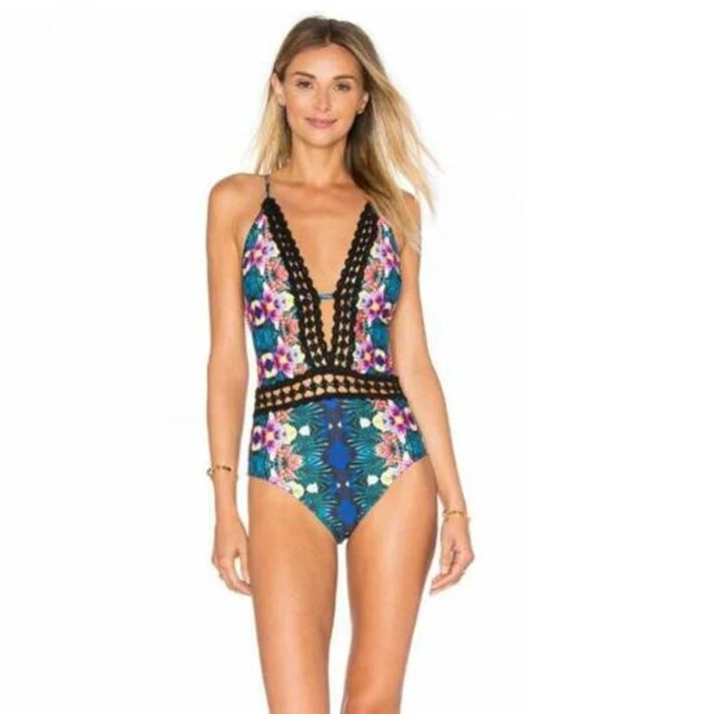 

QIANG YI 2018 Summer NEW Styles print lace push up sexy One Piece swimsuit women swimwear cross strap Hollow bikinis jumpsuit