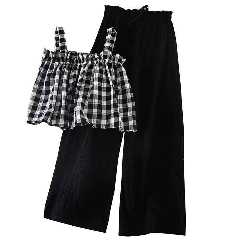 Женский комплект из двух предметов клетчатый топ с короткими бретелями + широкие