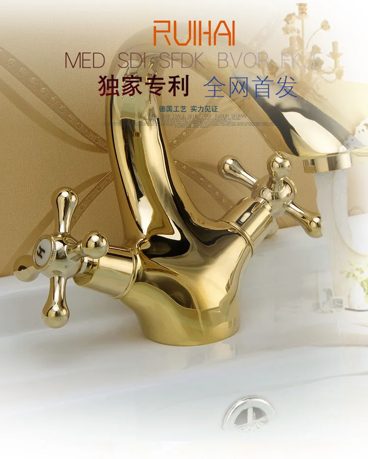 Античный Золотой смеситель для раковины полированный латунный Смеситель в