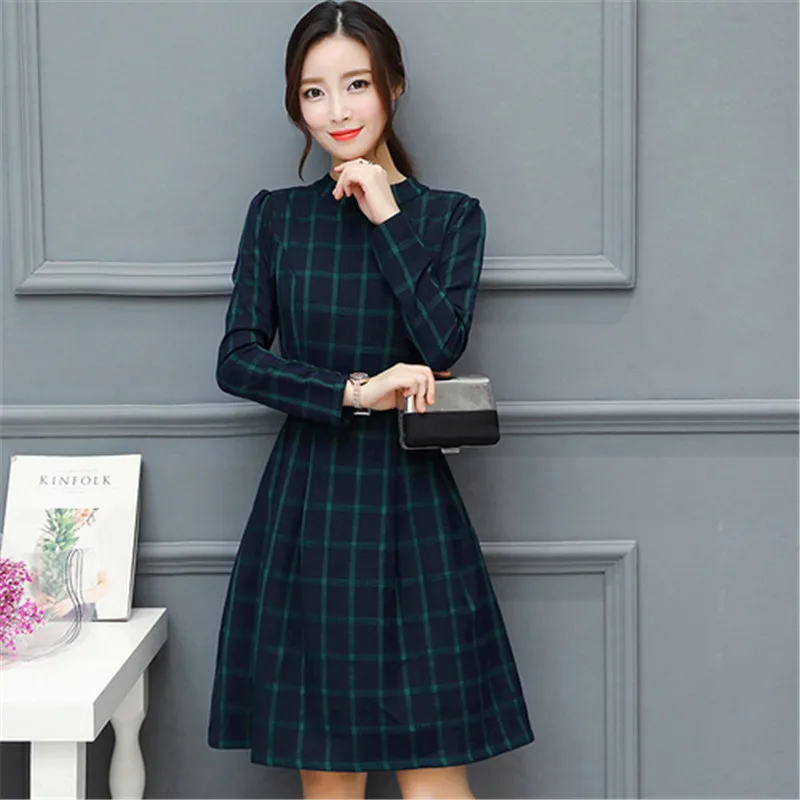 2019 осень зима плюс размеры новый плед хлопок миди платья для женщин элегантный