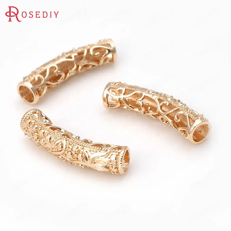 

(31862)6PCS 25x5.5MM inside 4MM 24K Champagne Gold Color Brass Bracelets Engraved Lotus Curved Tube Jewelry Findings Accessories