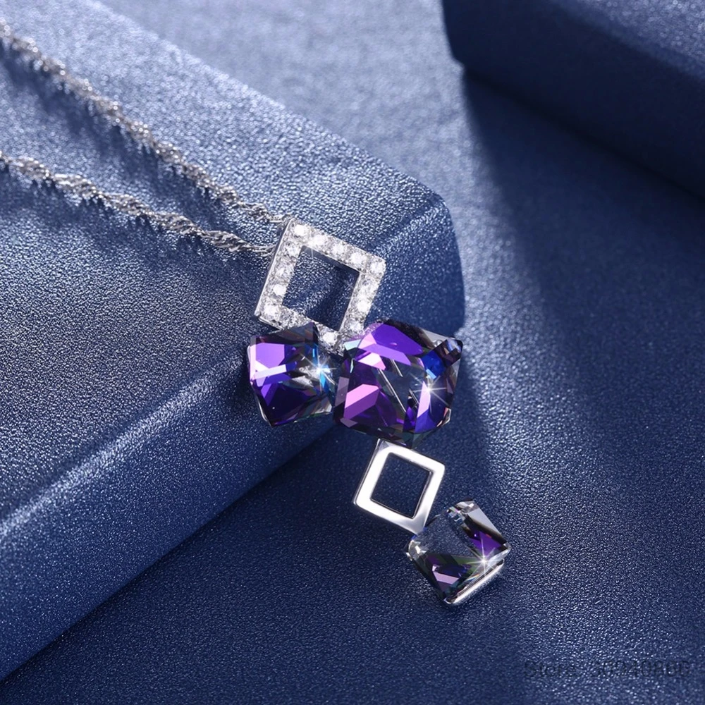 LEKANI Crystals Purple Square Bead Pendant Necklace Chic 925 Sterling Silver Chain Collar For Women Fine Jewelry | Украшения и