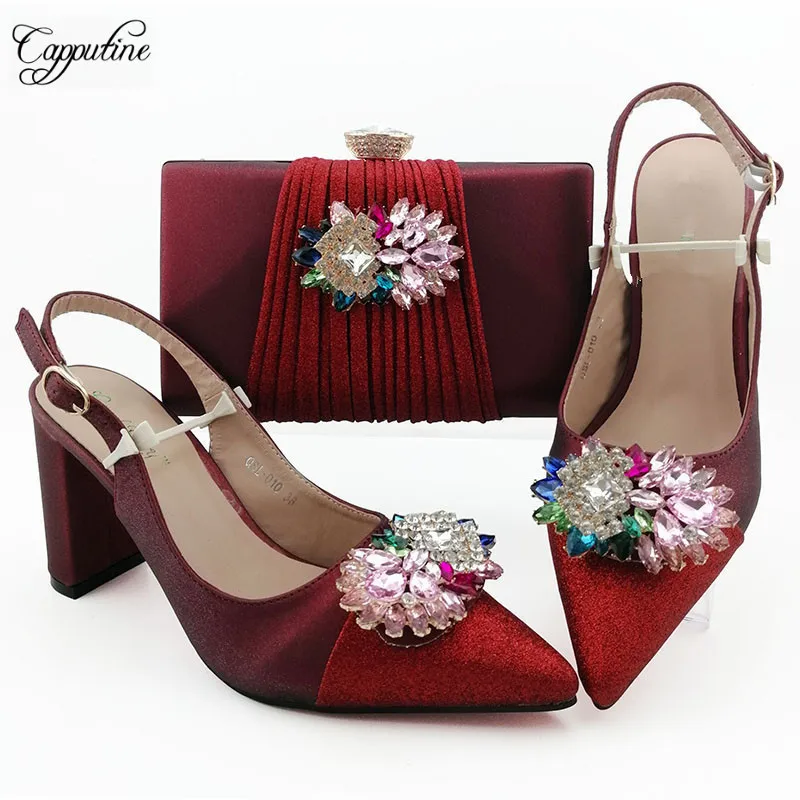 

Charming party set pointed toe sandal shoes and purse bag set decorated with crystal stones QSL010 in purple, heel height 9cm