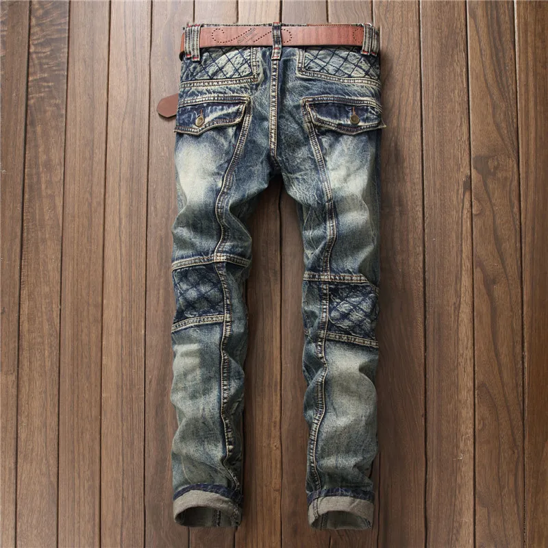New Design Men Retro Jeans Locomotive Fashion Straight Pants Masculina Skinny Denim Men's Slim Rock Biker Patchwork | Мужская одежда