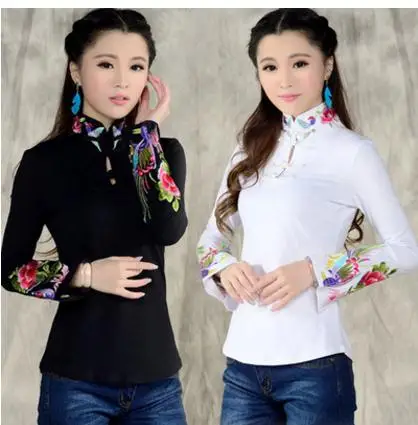 Женская футболка в китайском стиле с воротником стойкой и вышивкой|womens shirt tops|printed