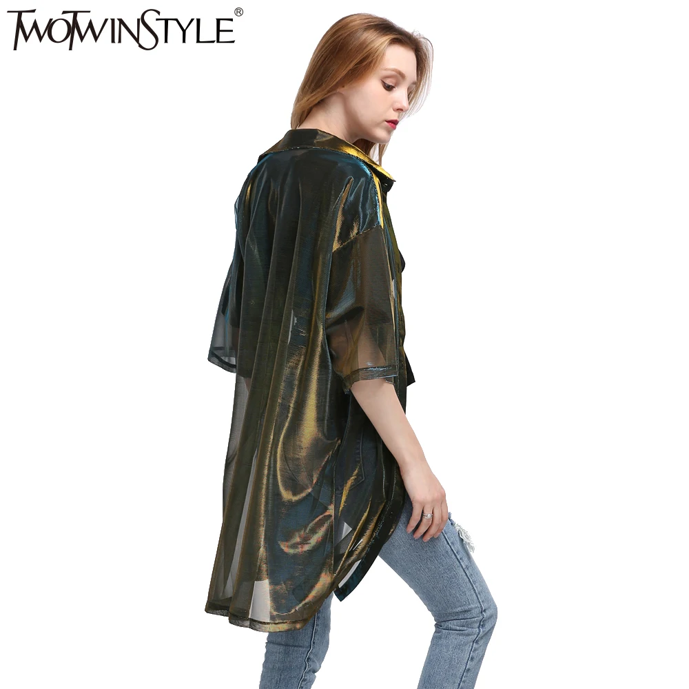 Twotwinstyle Лето г. Для Женщин Половина рукава красочные прозрачные длинные футболки блузки больших размеров кардиган одежда Корейский Повседневное