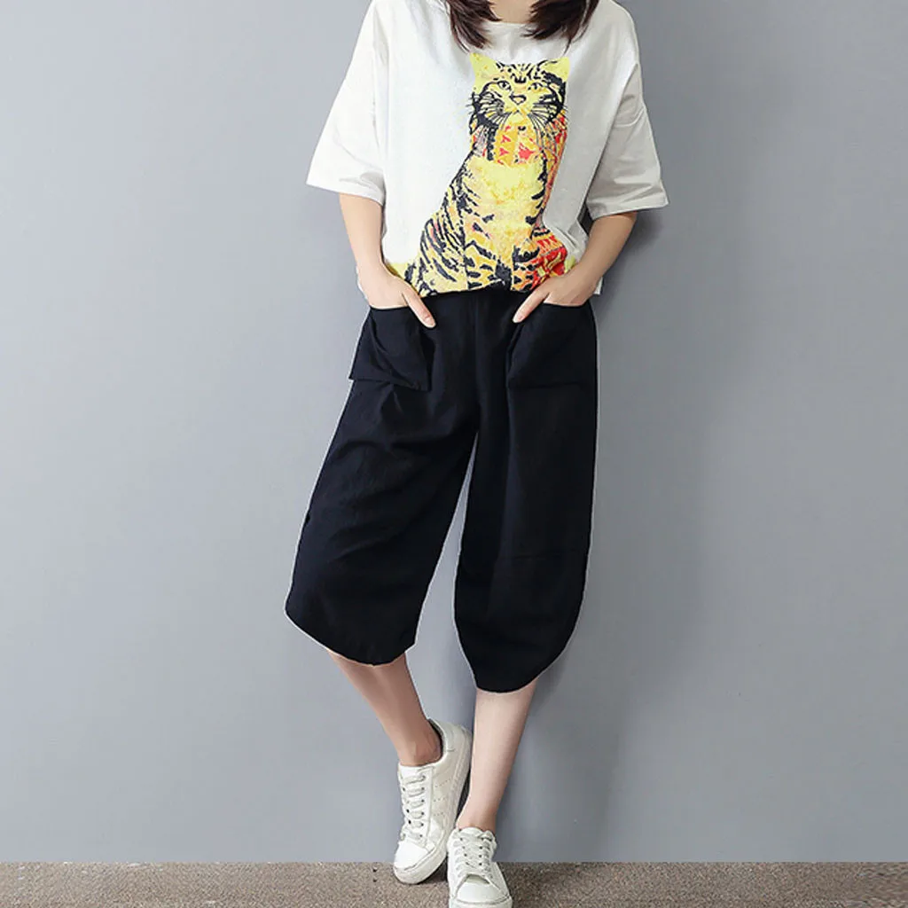 Длинные прямые брюки в полоску с эластичной резинкой на талии; женские свободные повседневные брюки из хлопка и льна до середины икры; PantsY430