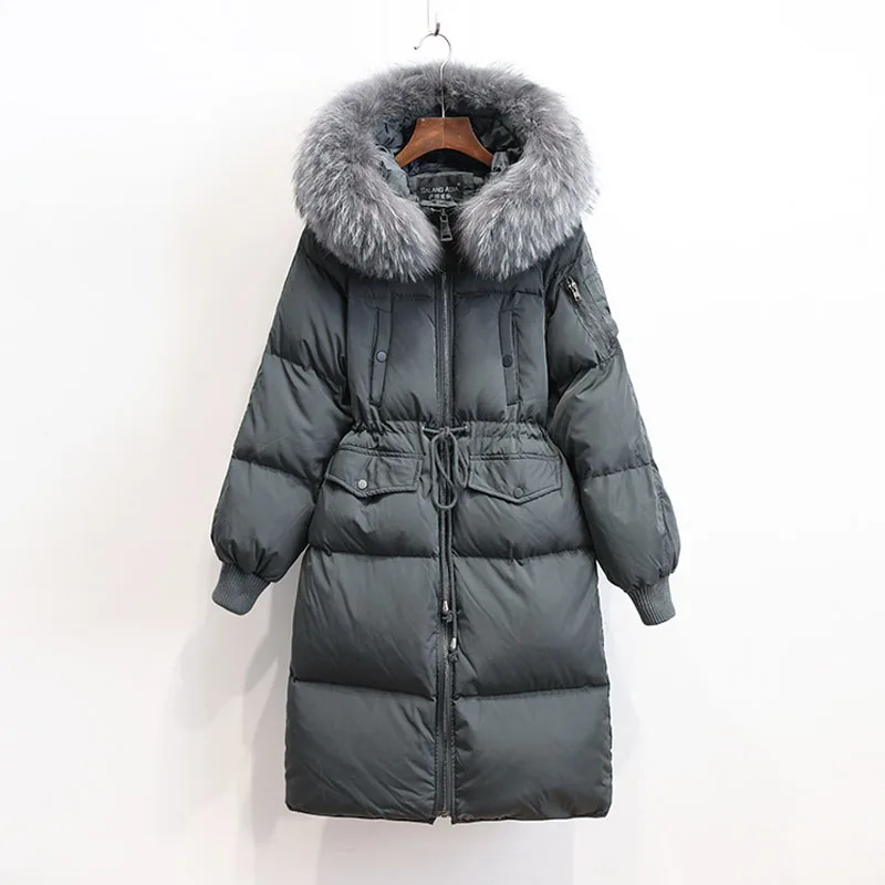 Женские парки с большим натуральным мехом енота длинные зимние куртки на утином