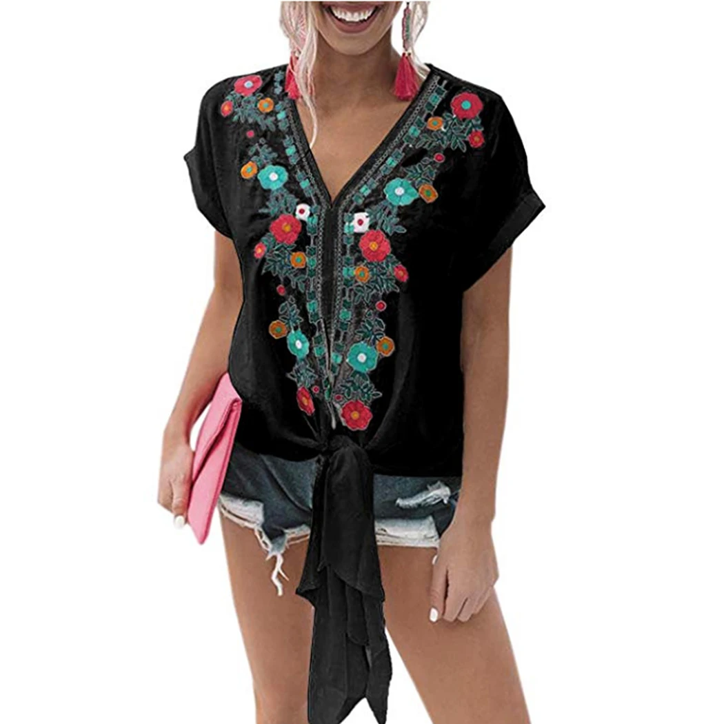 Винтажная белая блузка с цветочной вышивкой женская прозрачная шифоновая