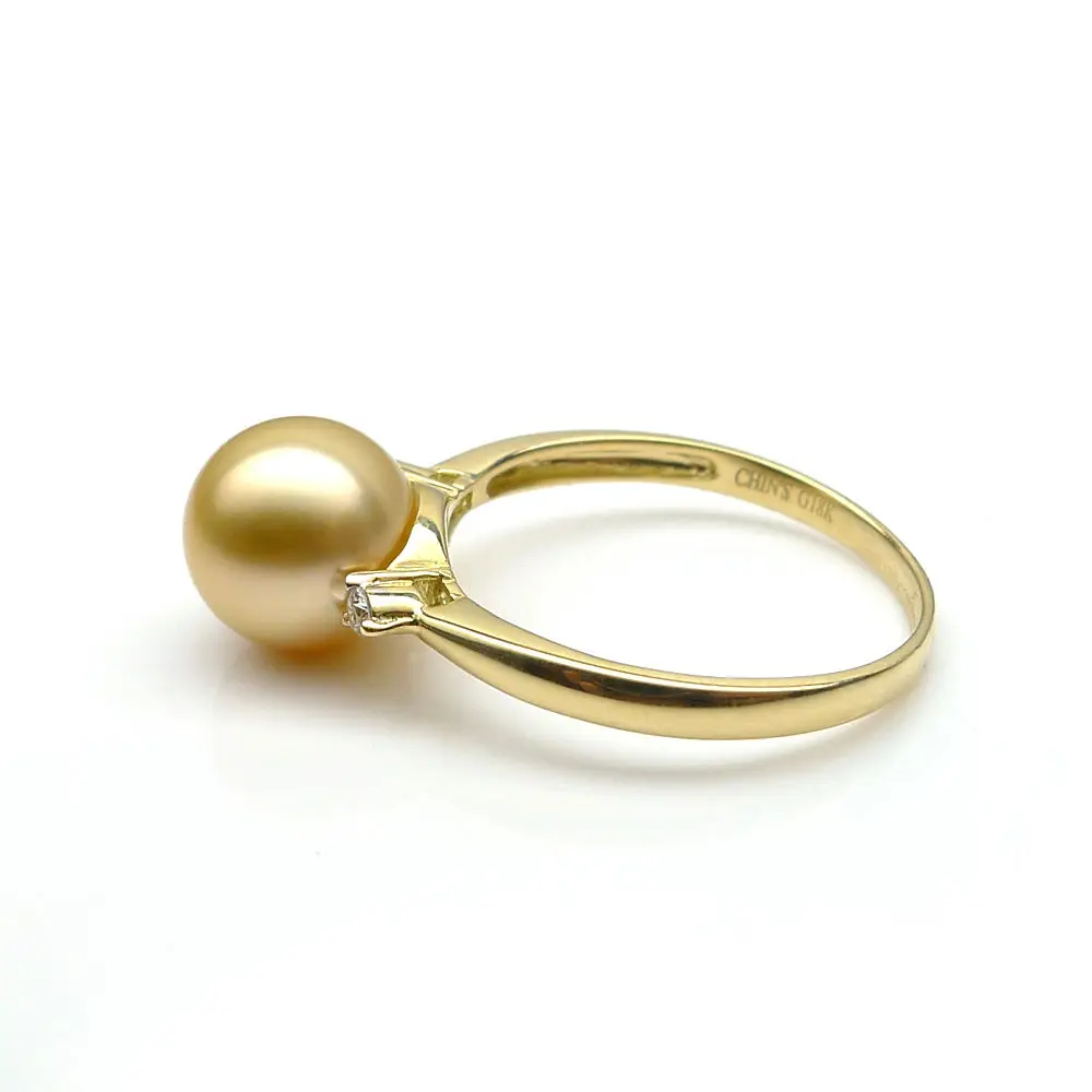 AAA 8-9mm Perfect Round Real South Sea Golden Pearl Diamond Ring 18K Yellow Gold | Украшения и аксессуары