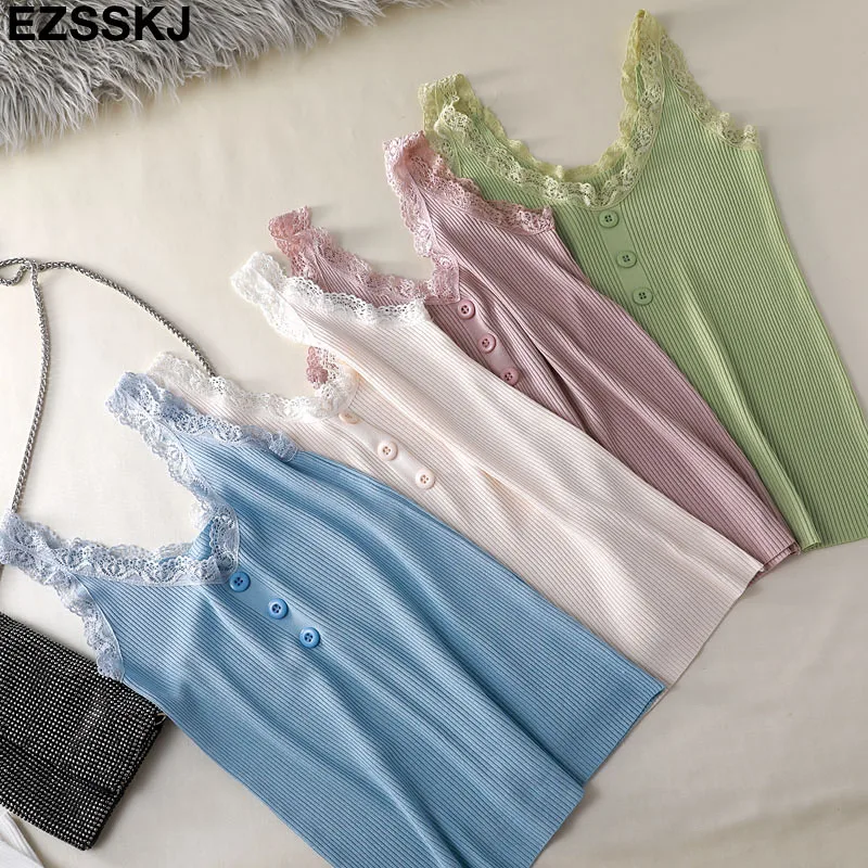 2019 Сексуальная Базовая кружевная майка Летний вязальный резервуар Топ женский