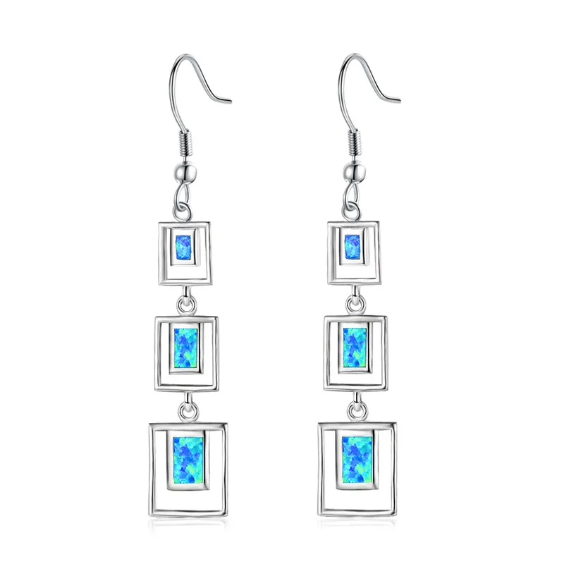 Blue Opal Luxe Стиль квадратным сине-белые огонь опаловые серьги 925 пробы серебро Свадебные Длинные Висячие серьги для Для женщин ювелирные изделия - Окраска металла: Blue Opal