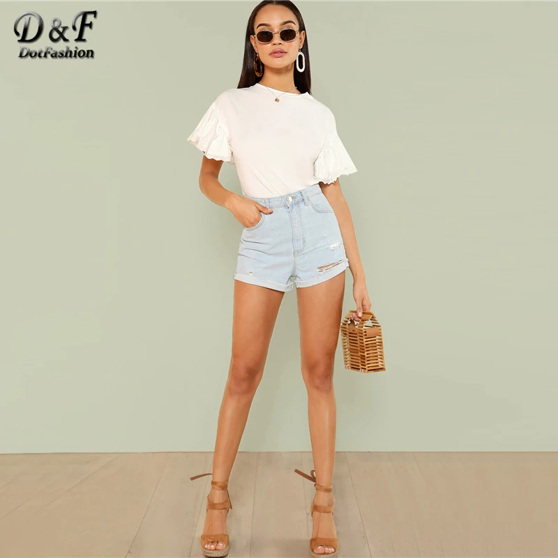 Dotfashion белая однотонная футболка с вышитыми ушками и рюшами на рукавах для женщин летняя Элегантная футболка корейская модная одежда Топы