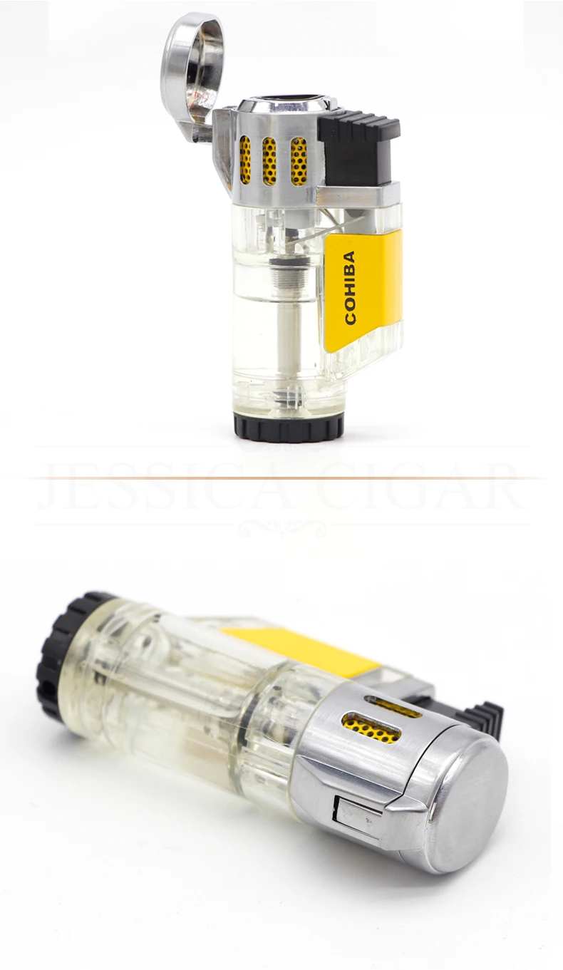 COHIBA гаджеты для мужчин прозрачная Бутановая газовая зажигалка Winproof 3 струйная Зажигалка факела сигарета курительные зажигалки для сигар
