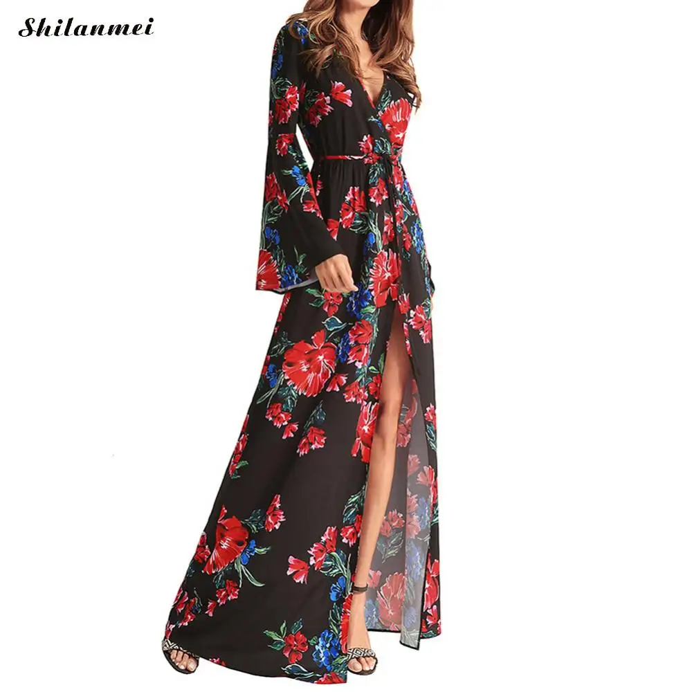 Boho длинными расклешенными рукавами платье Макси Для женщин пикантные Разделение