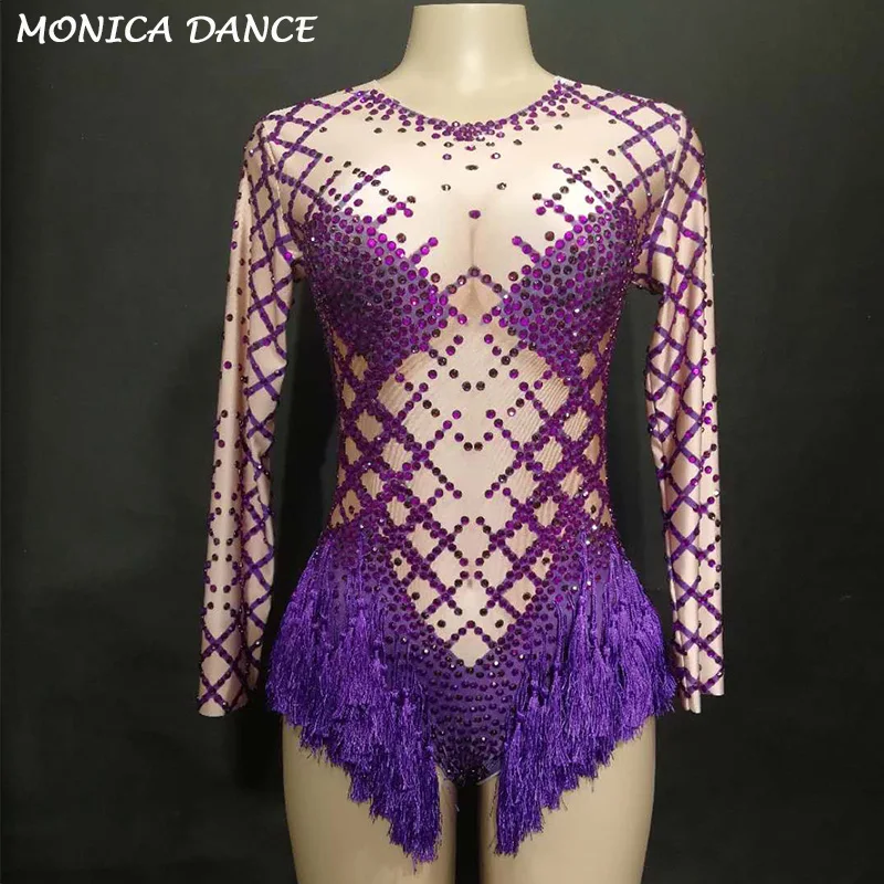 Purple Tassel Women Sexy Stage Dj Bodysuit Full Sparkling Crystals Costumes Celebrate Nightclub Party Singer Dancer Stage Wear