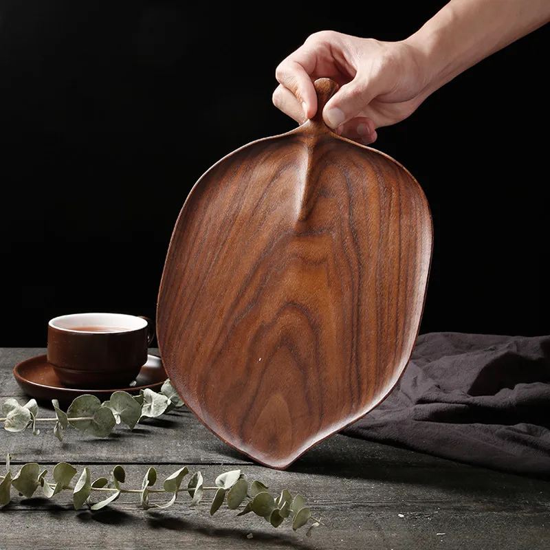 Черный поднос из ореха тарелка цельного дерева в форме листа креативный