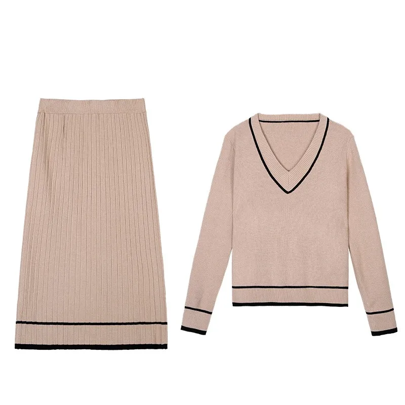 Модный женский вязаный костюм с v-образным вырезом Осень-зима 2018 свитер длинным