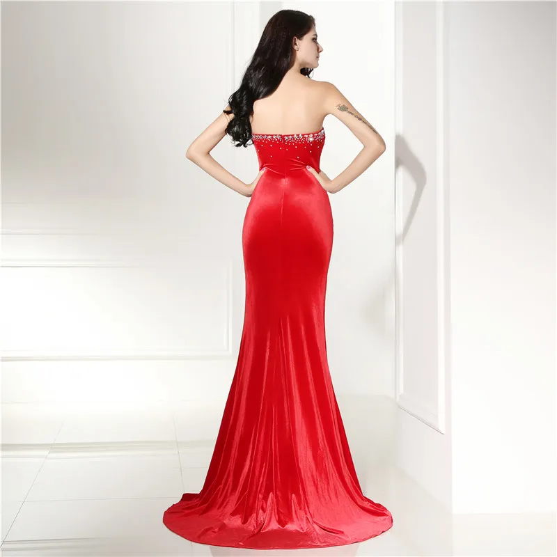 Женское длинное вечернее платье русалка красное без рукавов с разрезом и