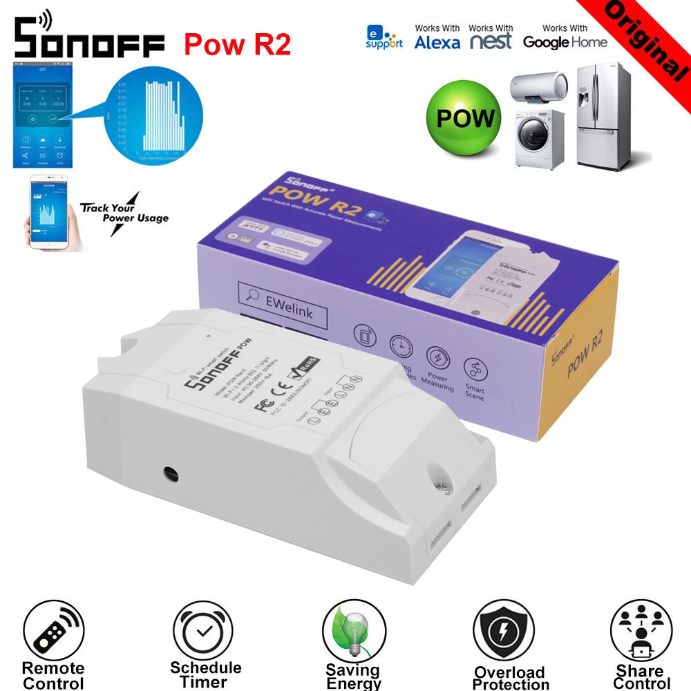Интеллектуальный выключатель света Sonoff Pow R2 16A Интеллектуальный переключатель Wi-Fi с более высокой контроль точности энергии Применение интеллектное устройство передачи энергии измерительный работает с Google Home
