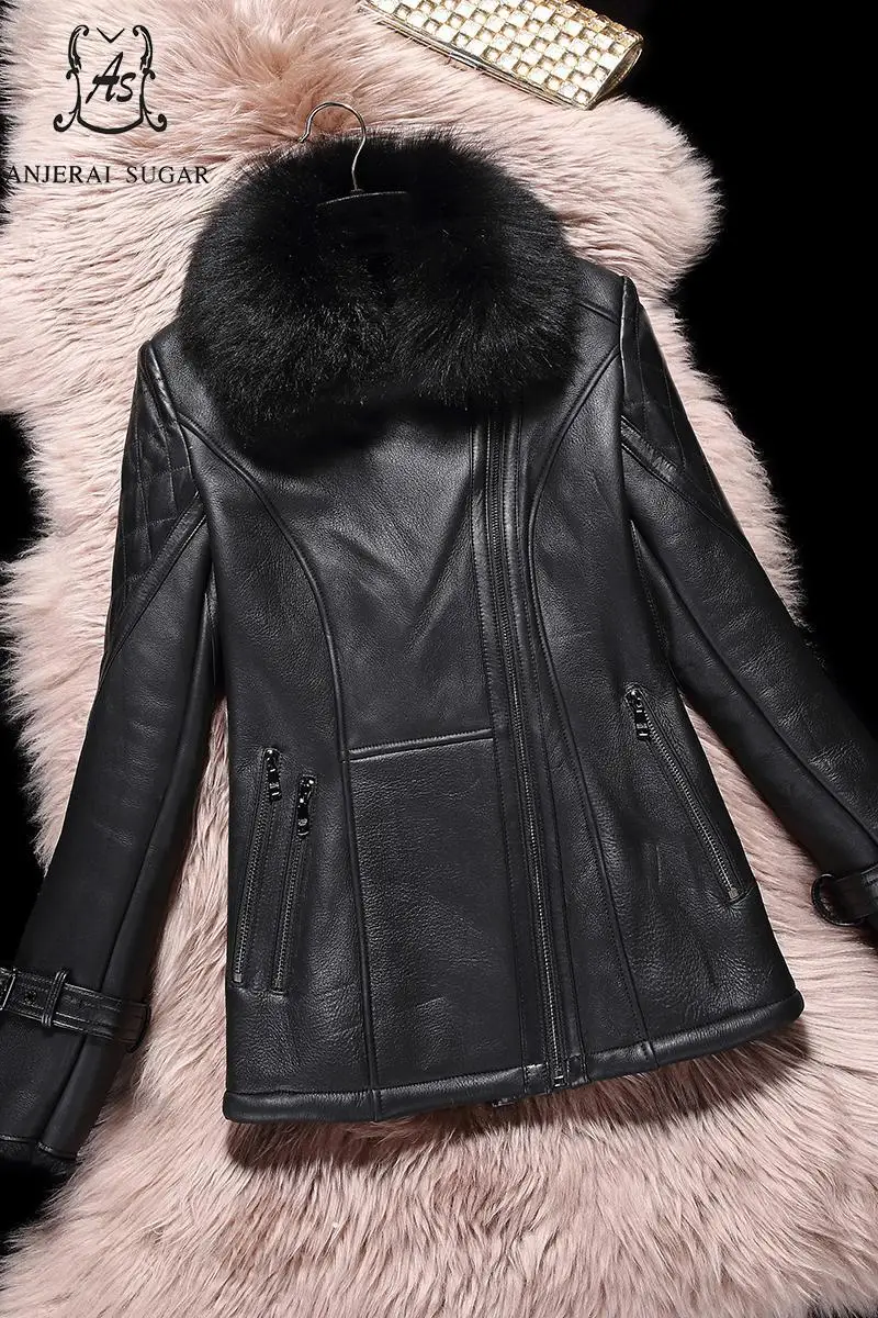 Winter Sheep genuine leather fur jacket Women black sexy slim Fox feather collar short feminino natural mouton lamb coats | Женская