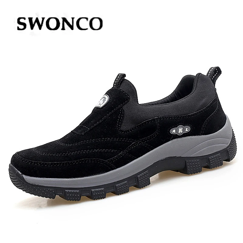 Мужские Нескользящие кроссовки SWONCO черные на платформе без застежки осень 2019 |