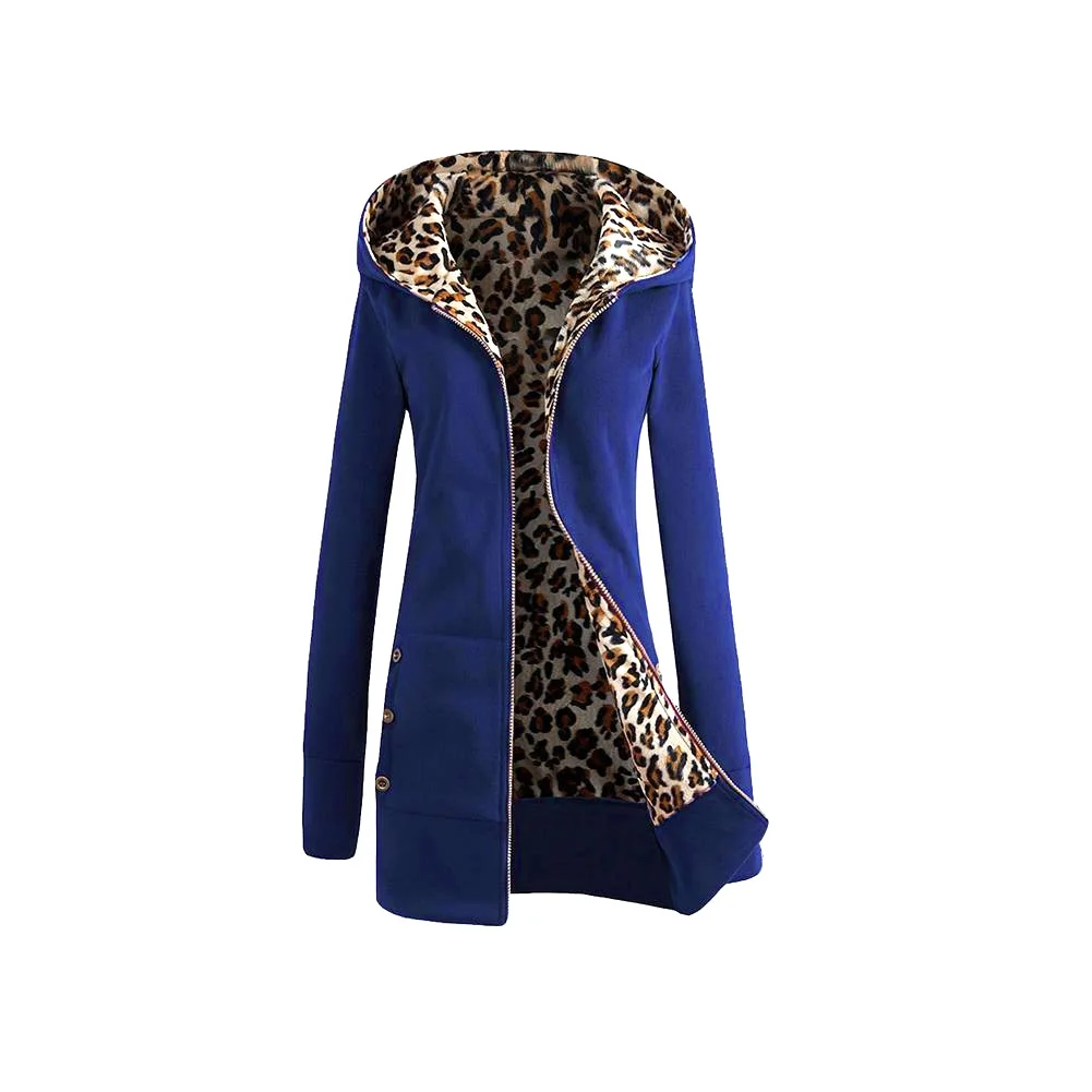 

Newly Women Winter Overcoat Leopard Zipper Hooded Long Sleeves Fleece Lined Slim Fit m99