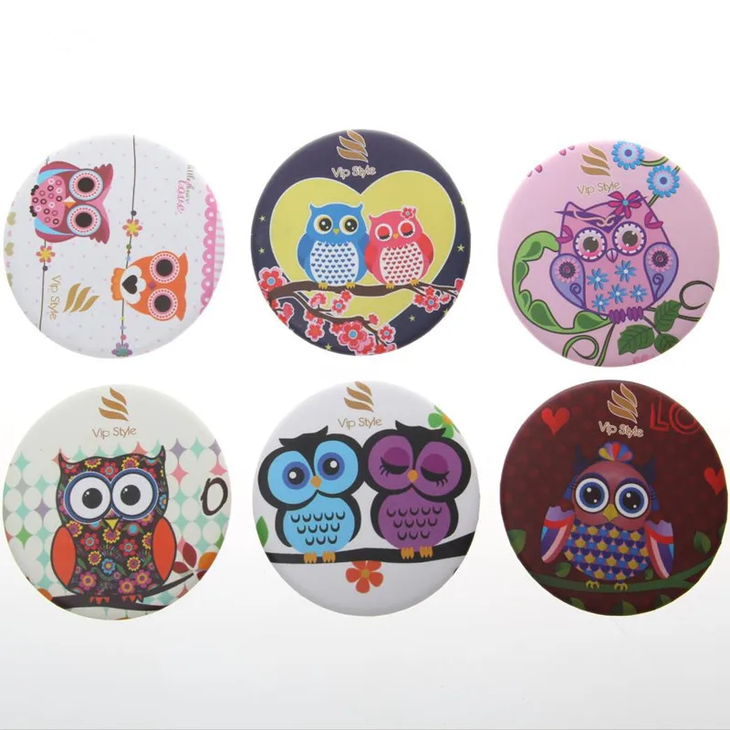 

75mm Exquisite plastic Portable pocket mirror round shape foldable makeup mirror cute owls design Cosmetic mirrors