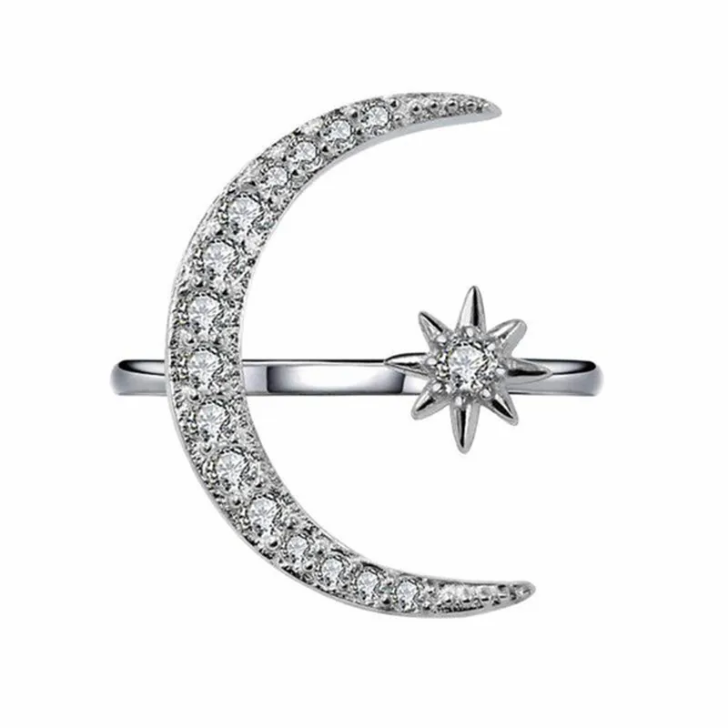 Женские кольца в стиле бохо с открытой звездой и Луной для женщин, розовое золото, Цвет Заполненный, милое кольцо с белым кристаллом, минималистичное ювелирное изделие