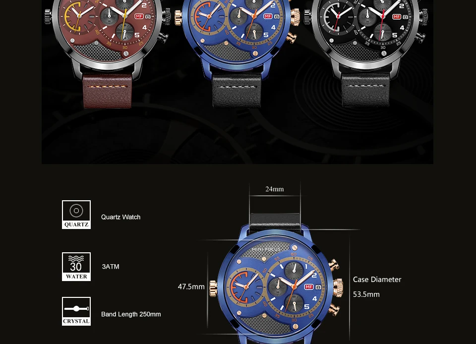 MINIFOCUS Dual Time Chrono спортивные часы модные повседневные мужские наручные Кожа Кварцевые военные часы для мужской водонепроницаемые большие часы наручные мужские часы мужские оригинальные