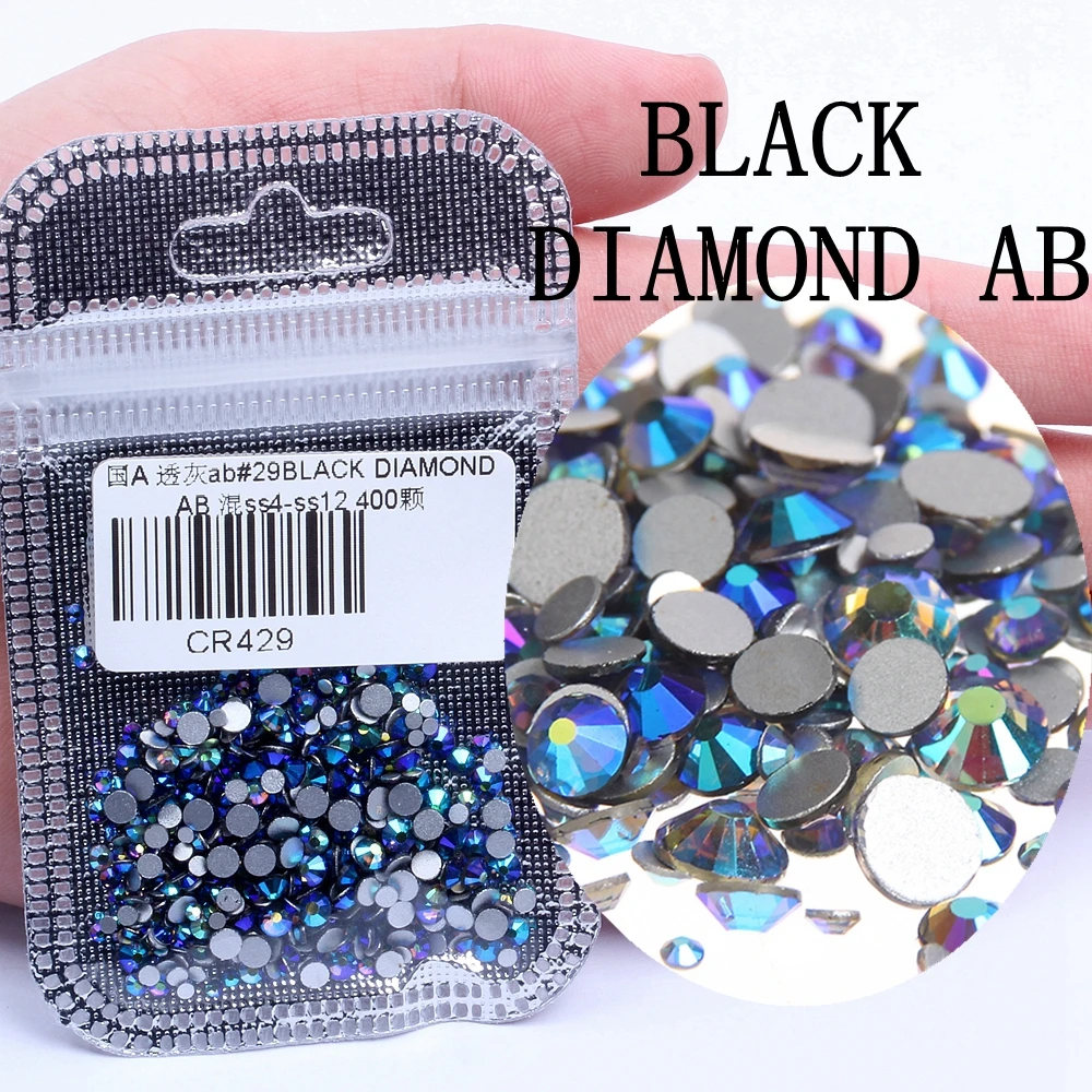 29 BLACK DIAMOND AB 400 шт, 60 цветов, разные размеры, ss4-ss12, для дизайна ногтей, не горячей фиксации, хрустальные стразы, сделай сам, плоские с оборота, 3D стеклянные украшения для ногтей, стразы - Цвет: 29 BLACK DIAMOND AB