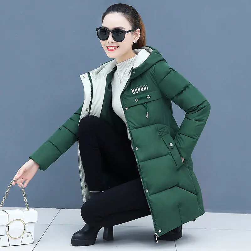 Green Vangull зимние женские парки повседневные куртки с капюшоном и длинным рукавом Осенние теплые длинные женские пальто с буквенным принтом верхняя одежда на молнии - Цвет: Green