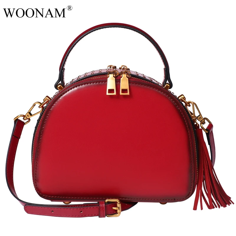 

WOONAM Women Fashion Bag Top Grain Genuine Calf Leather Handbag Circular Rivets Small Satchel Bag WB462