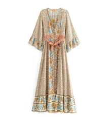 TEELYNN Gypsy Макси женские платья цвета хаки из вискозы с цветочным принтом летние платья сексуальное с v-образным вырезом с регулируемым поясом бохо платье vestidos - Цвет: Слоновая кость