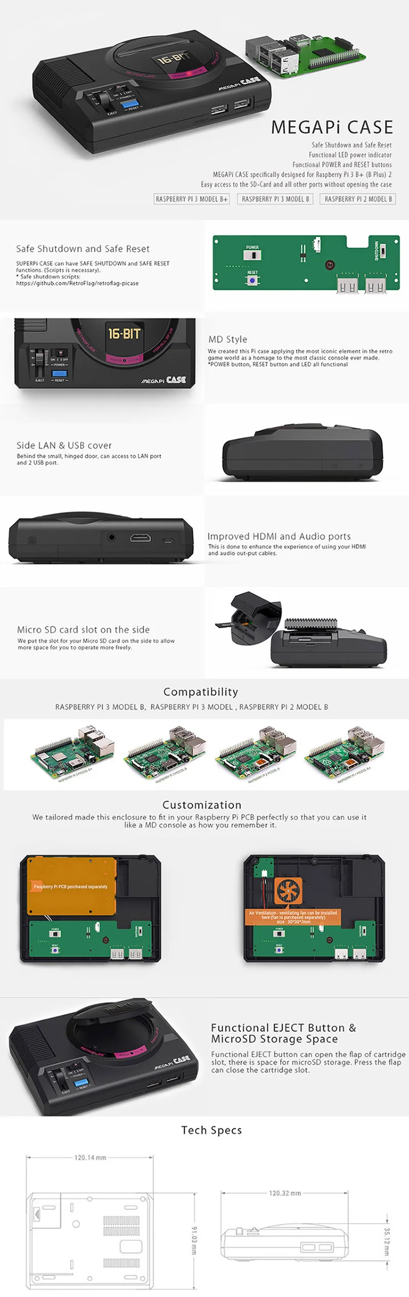 Retroflag MEGAPi чехол SEGA MEGA MD стиль Retropie игровая консоль для Raspberry Pi 3 Model B+(plus)/3B, чехол с вентилятором комплект радиаторов