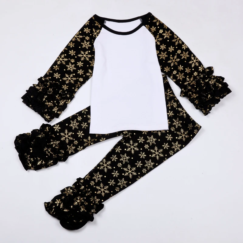 Snow and Star printed Baby Girls Cotton Monogrammed Ruffle Long Sleeved Shirts with ruffle Raglan pants outfit set | Детская одежда и