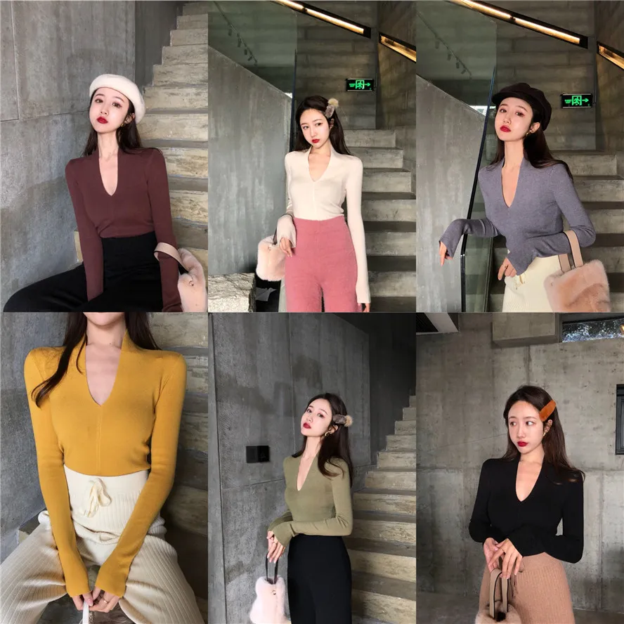 Весенние сексуальные пуловеры с глубоким v-образным вырезом свитера вязаные