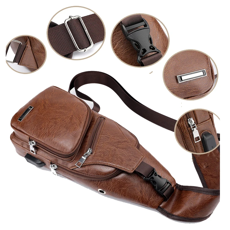 

USB Charge Men's Chest Bag Waterproof Travel Chest Bags Male PU Leather Fashion Travel Crossbody Bag Man Messenger Bag