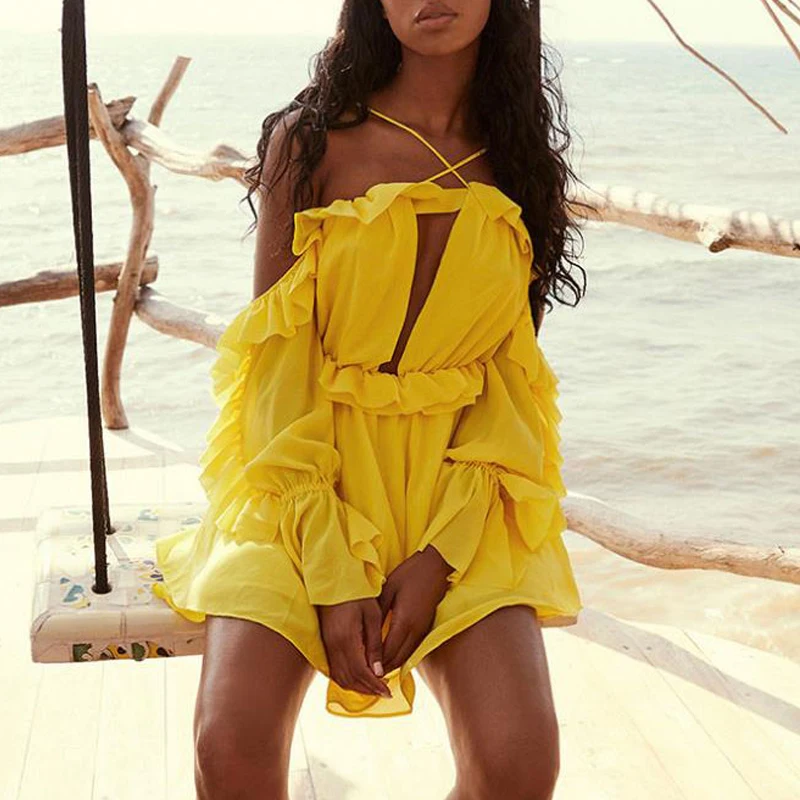 Сексуальное с ремешком вокруг шеи оборка шифоновое платье короткое летнее