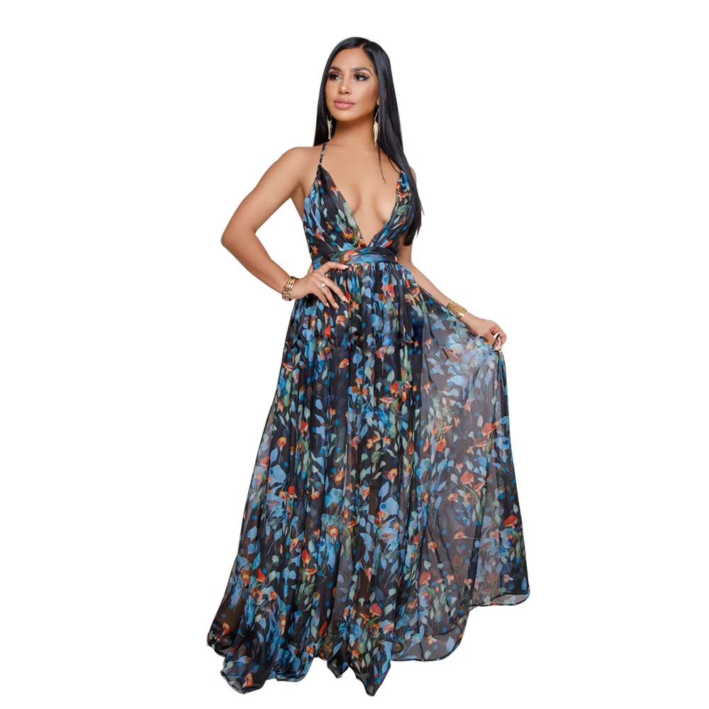 Summer Women's Fashion Sling Dress V-neck Casual Loose Wide Leg Printed Chiffon High Waist Ladies | Женская одежда