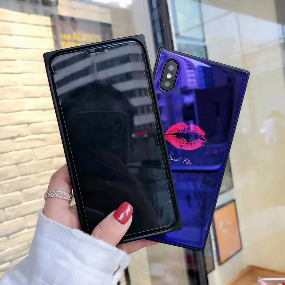 Роскошный закаленное стекло квадратный красный поцелуй чехол для iphone XS MAX S 7 6 6s 8
