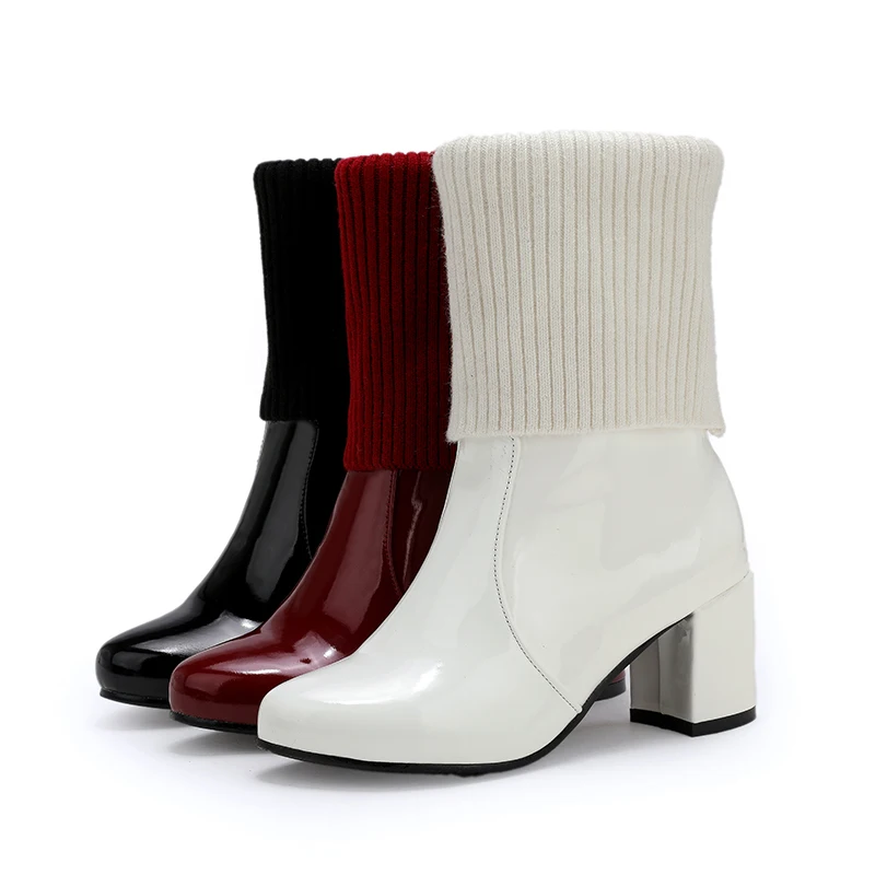 JK High Heels Women Ankle Boots Round Toe Footwear Patent Pu Female Boot Sock Knitting Shoes Woman Winter 2018 Plus Size 34-48 | Обувь