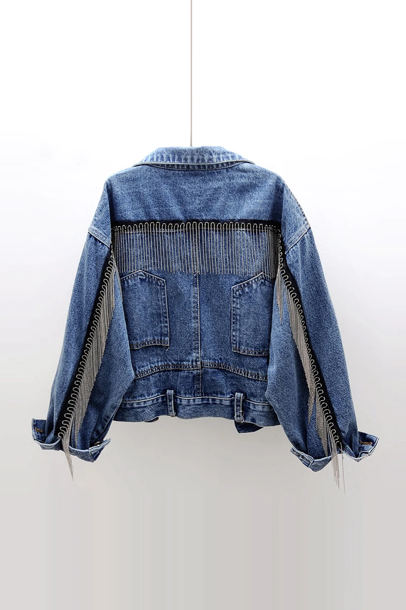 Женская джинсовая куртка с длинным рукавом короткая из денима бахромой A862 весна