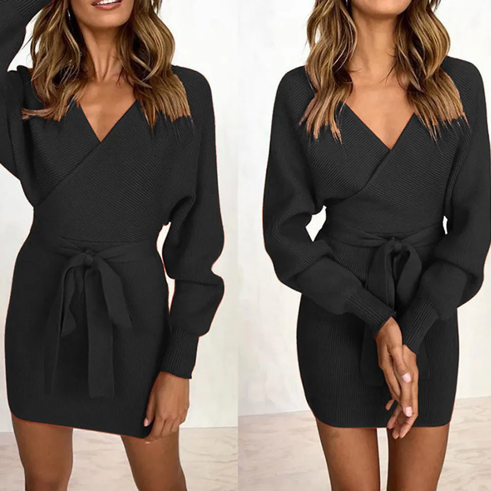 Женское платье сексуальное с v образным вырезом вязаный свитер поясом низким на