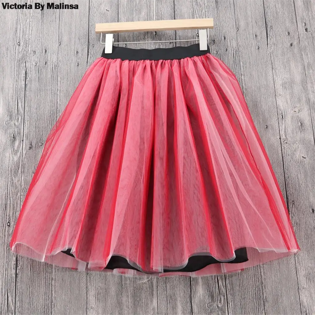 Женская пышная фатиновая юбка красная Faldas высокая талия миди длина до колена