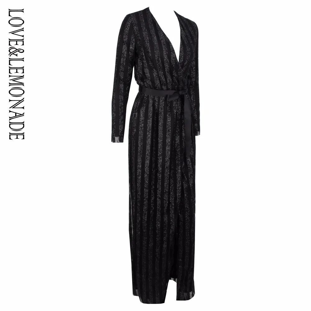 Женское длинное платье LOVE & LEMONADE черное в полоску с V образным вырезом модель