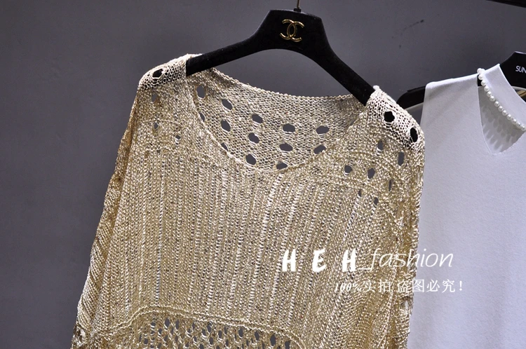 Gold Lurex Summer Blouse Shirt Long Batwing Sleeve O-neck Hollow Out Knit Top Loose Bohemian Design Large Shirts Blusa | Женская одежда