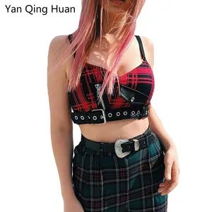 Ян Цин Huan, 2019 год, Летний жилет в клетку, в полоску, с заклепками, с бисером, короткий, на молнии, для пупка