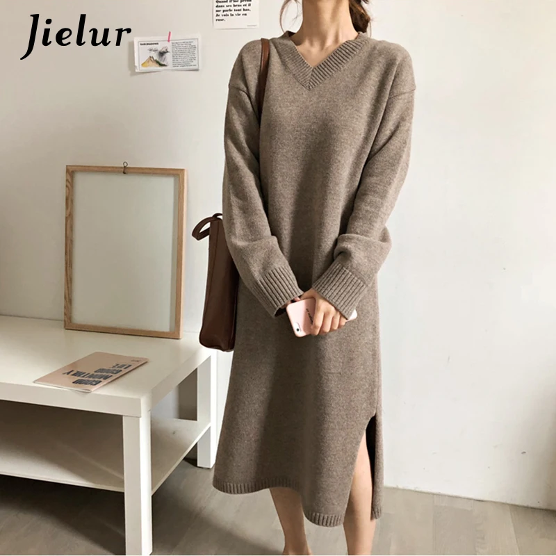 Jielur свитер платье для женщин Chic корейский Стиль Новый v образный вырез теплый