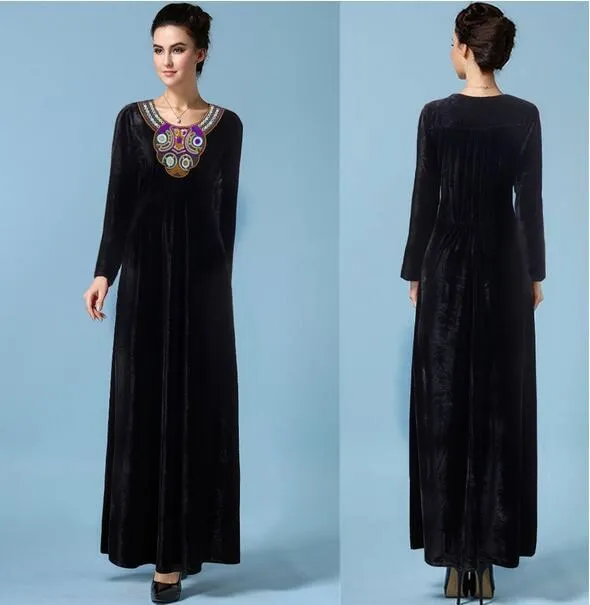 2017 вельветовые длинные платья с вышивкой и круглым вырезом для Mujer женские